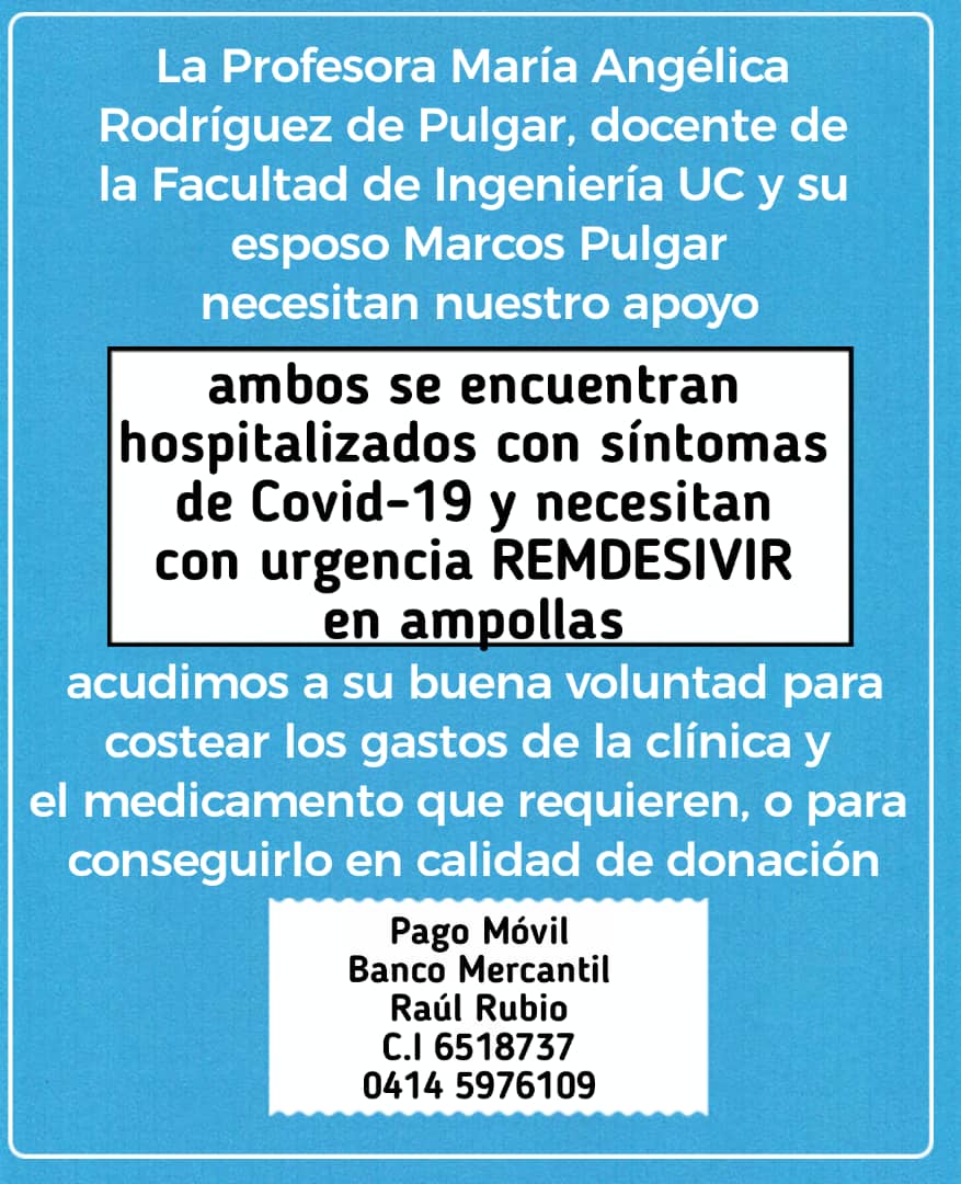 La profesora María Angélica Rodríguez de la Facultad de Ingeniería UC y su esposo requieren de nuestra ayuda. #ServicioPúblico