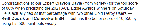 ByClaytonDavis's tweet image. You're either the "best" at this predicting thing or the "worst" - there's no in-between for me.

ACE Eddies and MPSE...how you slay me!

#AwardsSeason #ItsAlmostOver #Oscars