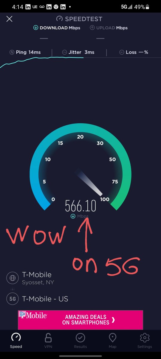 WOW I love #tmobile these #5G speeds are absolutely insane!

566 Mbps on 5G via T-MOBILE! 

In your face #Verizon5GAllChat <a href="/Verizon/">Verizon</a> and <a href="/ATT/">AT&T</a> 

I love you <a href="/TMobile/">T-Mobile</a> 

I had #Sprint for years, but since merger I received a free T-MOBILE SIM Card, and WOW this network is  AMAZING!