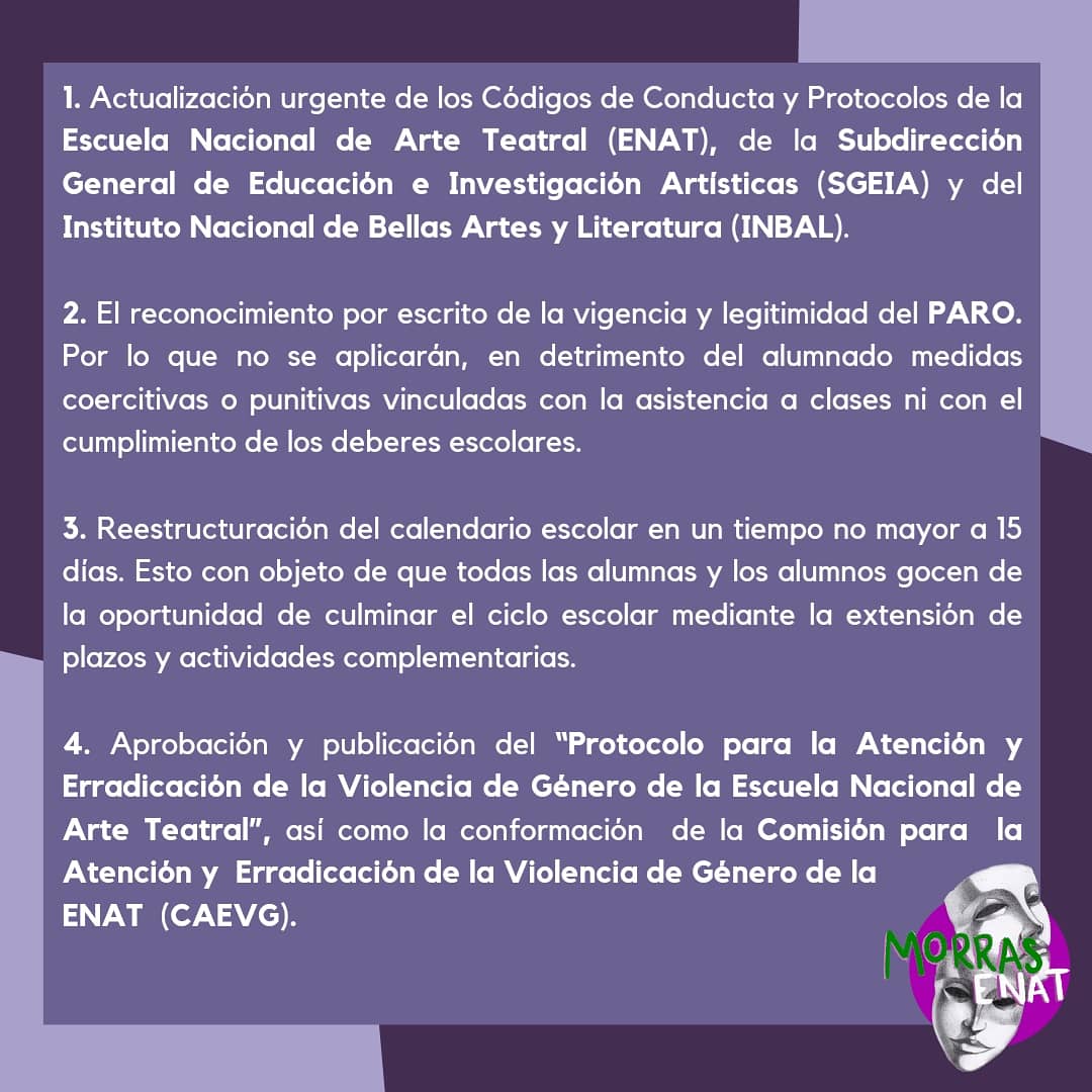 Por las que estuvieron, por las que estamos y por las que estarán, les compartimos nuestras peticiones dentro del Pliego Petitorio al que se le dio lectura el día de hoy y se hizo la entrega oficial del mismo.

¡No nos quedaremos calladas nunca más!
#MorrasENAT