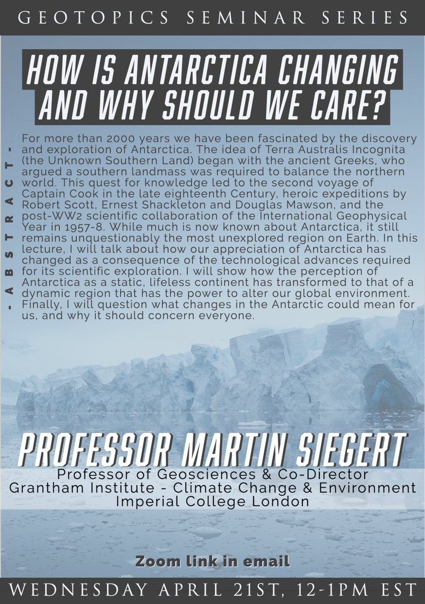 MiamiRosenstiel's tweet photo. How is #Antartica changing and why should we care? #Geotopics, 4/21, 12pm EST. Prof. Martin Siegert @mjsiegert, glaciologist, geophysicist, and co-director of the Grantham Institute, Climate Change and the Environment. Zoom: https://t.co/jQUbjqxoVP ID:932 6391 4103 pass:946449 https://t.co/kVIaXCjAAw