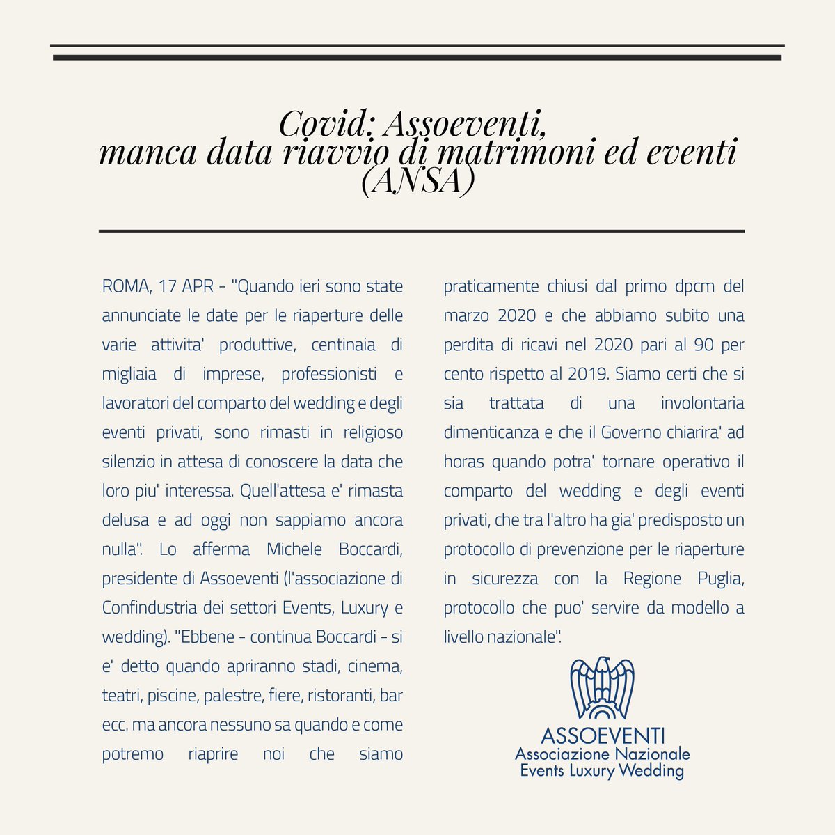 ❌Settore FERMO dal primo #dpcm del marzo 2020 e che ha subito una perdita di ricavi nel 2020 pari al 90%rispetto al 2019. 

<a href="/M_Fedriga/">Massimiliano Fedriga</a> <a href="/robersperanza/">Roberto Speranza</a> @LaCastelliM5s <a href="/micheleemiliano/">Michele Emiliano</a>