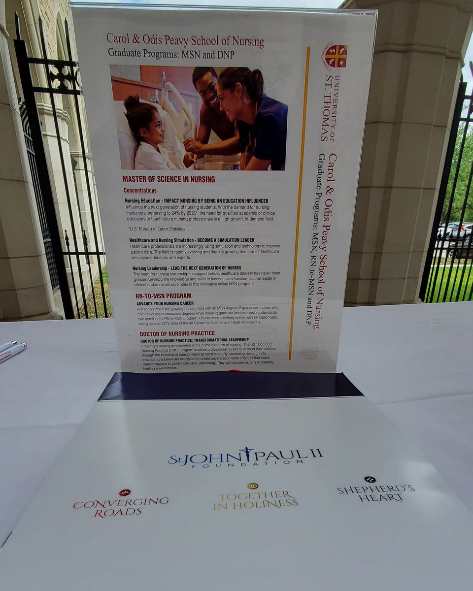 NursingAtUST's tweet photo. Today @nursingatust is at the Converging Roads Conference! This conference is for Catholic Healthcare Professionals. We are exciting to talk about our great graduate nursing programs. 

#MSN #DNP #RN2MSN 
#USTheals #USTnursing 
@stthomashouston @stjpiifoundation https://t.co/uFg29ONu9m