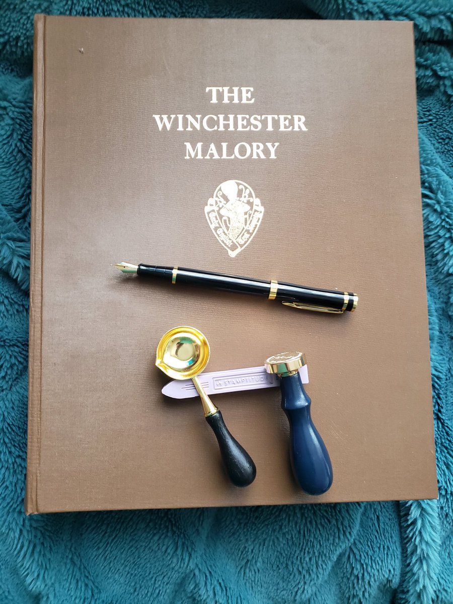 I have such incredible friends! Beautiful gifts! The Winchester Malory manuscript facsimile, a beautiful fountain pen, and a personalized wax seal stamp set. #gradschool #Arthurian #MedievalTwitter #grateful #PhDone