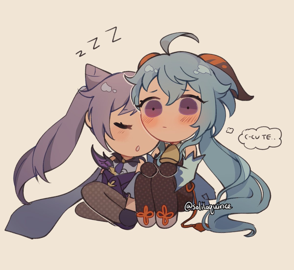 ganyu (genshin impact) ,keqing (genshin impact) multiple girls 2girls chibi sleeping blue hair horns purple hair  illustration images