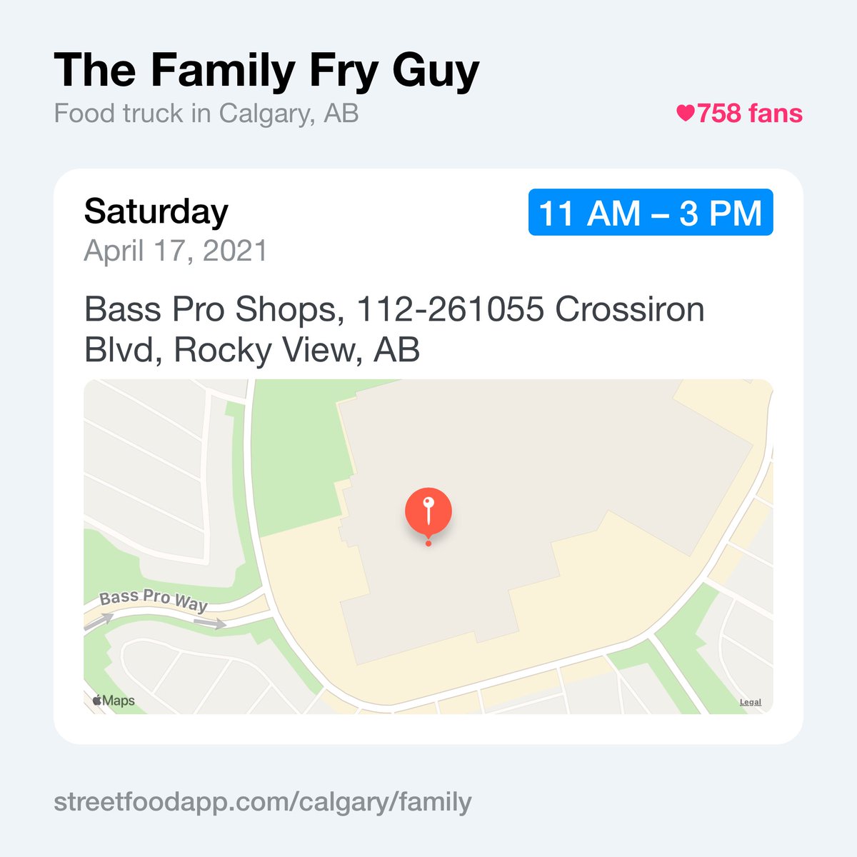 We're open today from 11 AM - 3 PM at Bass Pro Shops, 112-261055 Crossiron Blvd, Rocky View, AB. Come on out and enjoy some delicious poutine on this beautiful day!

streetfoodapp.com/calgary/family