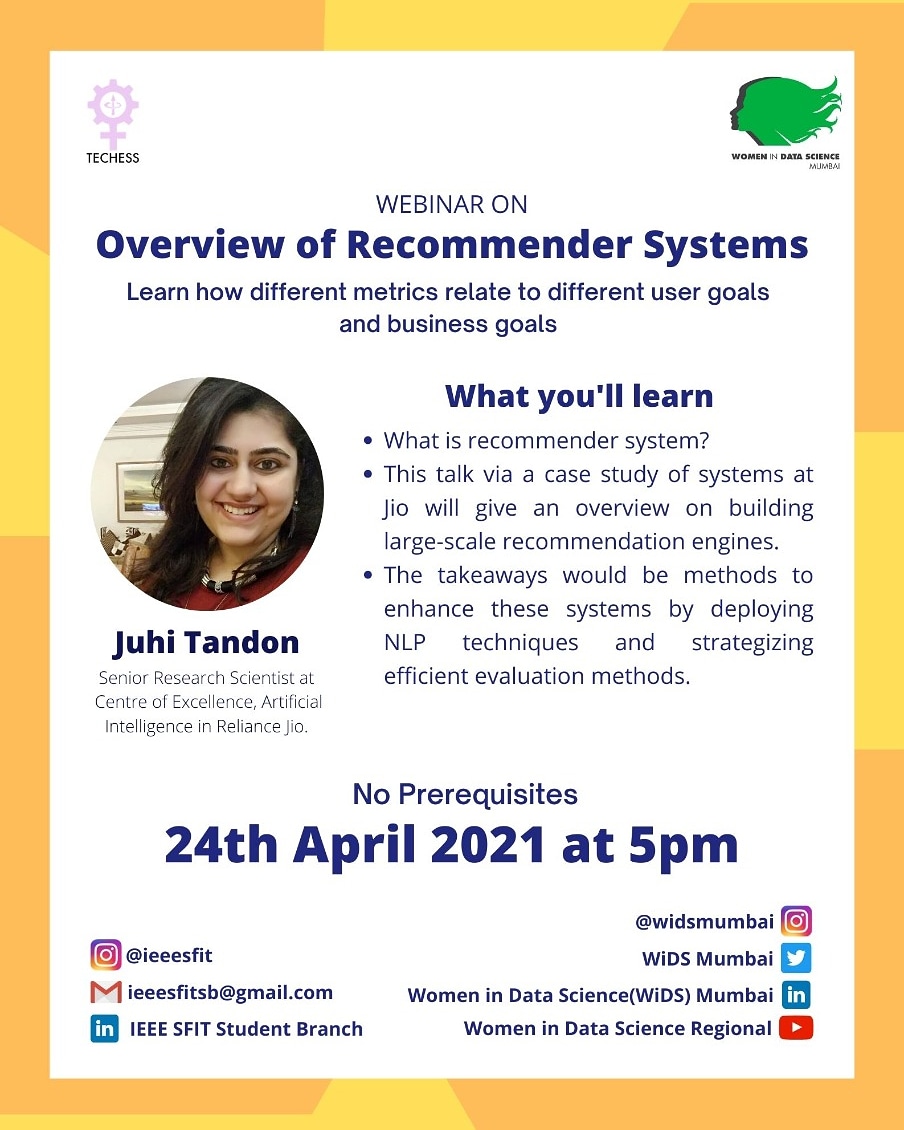 Join us for our last event of 2021. Zoom link - us02web.zoom.us/j/89934703160?…
Mark it on your calendar:
24 April
5 to 6 pm IST 

#wids2021 #womenindatascience #recommendationsystem #MachineLearning #womenspeaker 
@WiDS_Worldwide