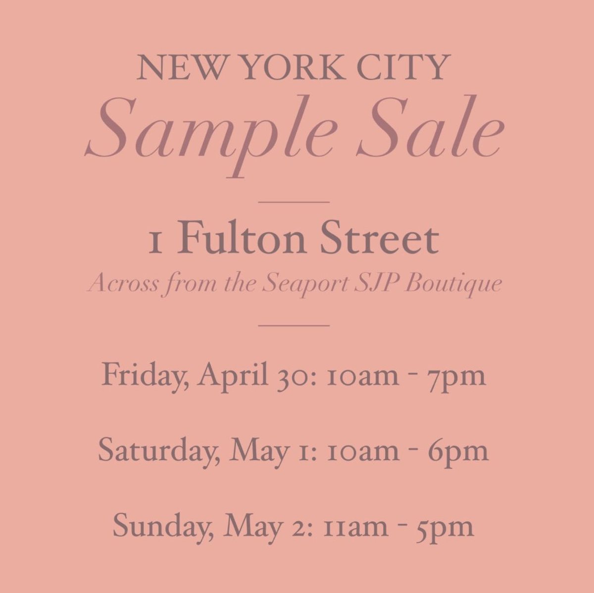 TheSeaportNYC's tweet photo. Mark your calendars because a @sjpcollection Spring NYC Sample Sale is near!
Grab your squad April 30 - May 2 and get ready for the ultimate #SJPCollection weekend in the Seaport. 🗓🛍 https://t.co/9HIgChJqgD