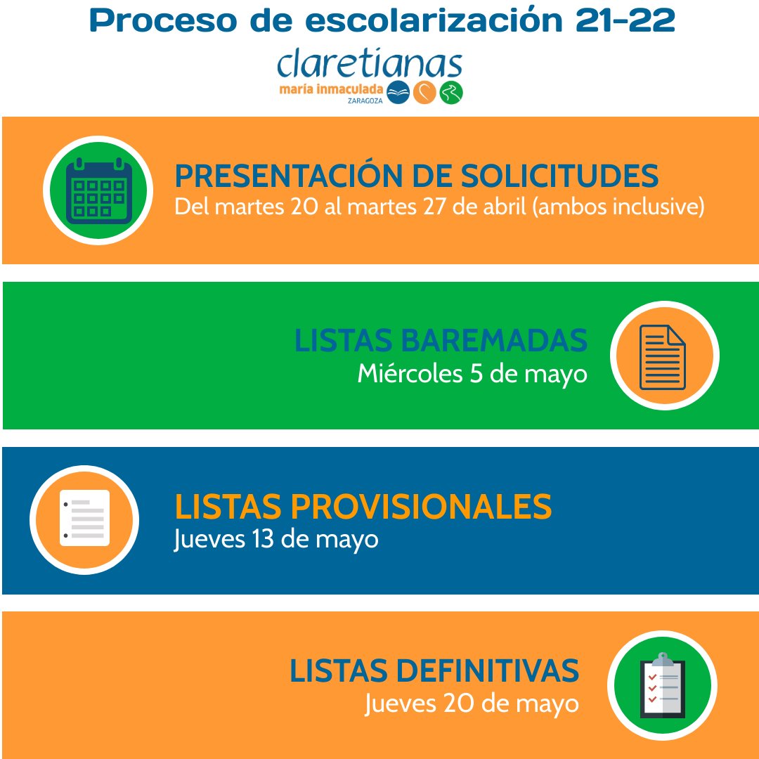 🗓 El plazo de presentación de solicitudes para 2º ciclo de Educación Infantil y Educación Primaria comienza 𝗲𝗹 𝟮𝟬 𝘆 𝗳𝗶𝗻𝗮𝗹𝗶𝘇𝗮 𝗲𝗹 𝟮𝟳 𝗱𝗲 𝗮𝗯𝗿𝗶𝗹 (𝗮𝗺𝗯𝗼𝘀 𝗶𝗻𝗰𝗹𝘂𝘀𝗶𝘃𝗲).
En nuestra web tenéis toda la información.
#ClaretianasEsTuColegio