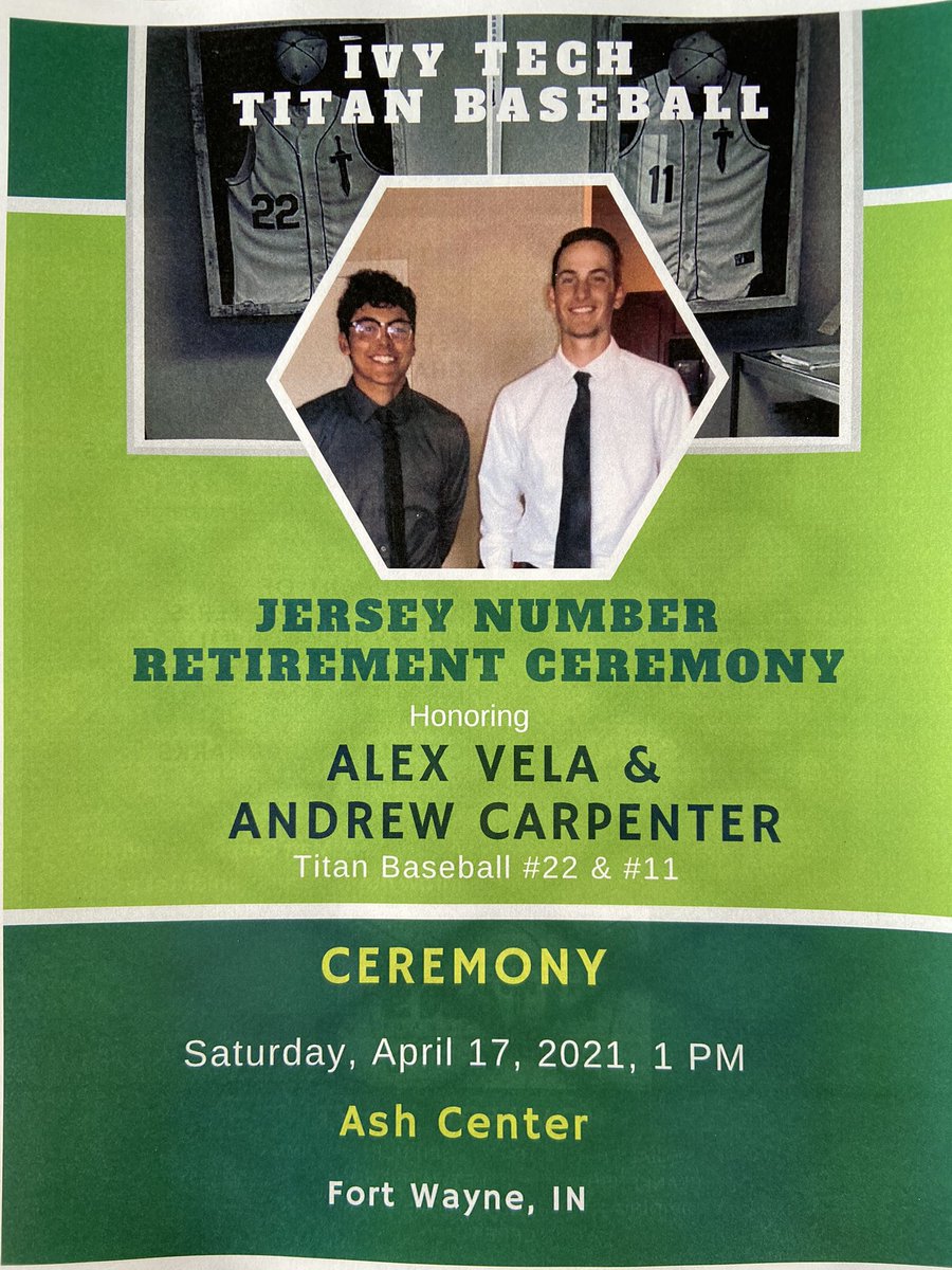 Great opportunity this weekend to see <a href="/a_vela22/">Alex Vela</a> get his jersey retired @IvyTechBaseball today!

#22 and the jersey #11 of his fallen teammate Andrew Carpenter who was killed by a drunk driver a year and half ago will never be worn by another Ivy Tech player again!

#GreatPlayers