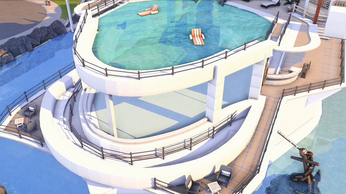 TheKateEmerald's tweet photo. Close up of the round glass pool! 💚 I sized regular windows down with @TwistedMexi's T.O.O.L. mod so they are invisible and then I created the illusion of a round pool shape with lots of pristine pedestals (Get Famous). 
Video: https://t.co/sw9hOEo2FV

#ShowUsYourBuilds #NoCC https://t.co/lcrFyZqZCi