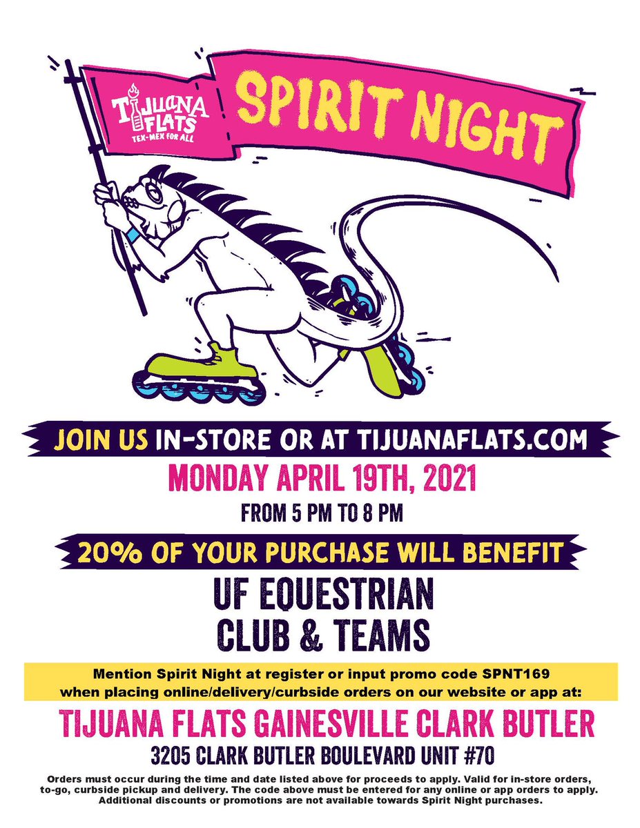 UFequestrian's tweet photo. ✨FUNDRAISER ALERT!✨
Our LAST fundraiser of the semester is this Monday from 5-8 PM. Head over to Tijuana Flats near Butler Plaza and support the team! Be sure to mention the fundraiser at checkout or use code SPNT169 for online orders. #ufec https://t.co/v3A0cXbIBe