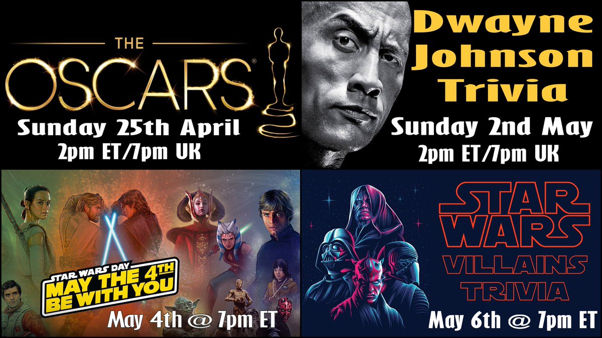 IanMcTrivia's tweet image. Upcoming themed #VirtualTrivia over the next couple of weeks. 
- #Oscars Trivia: Sunday 25th April @ 2pm🇺🇸ET/7pm🇬🇧 
- #DwayneJohnson Trivia: Sunday 2nd May @ 2pm🇺🇸ET/7pm🇬🇧 
- Tuesday May 4th: #StarWars Trivia @ 7pm🇺🇸ET
- Thursday May 6th: #StarWarsVillains Trivia @ 7pm🇺🇸ET