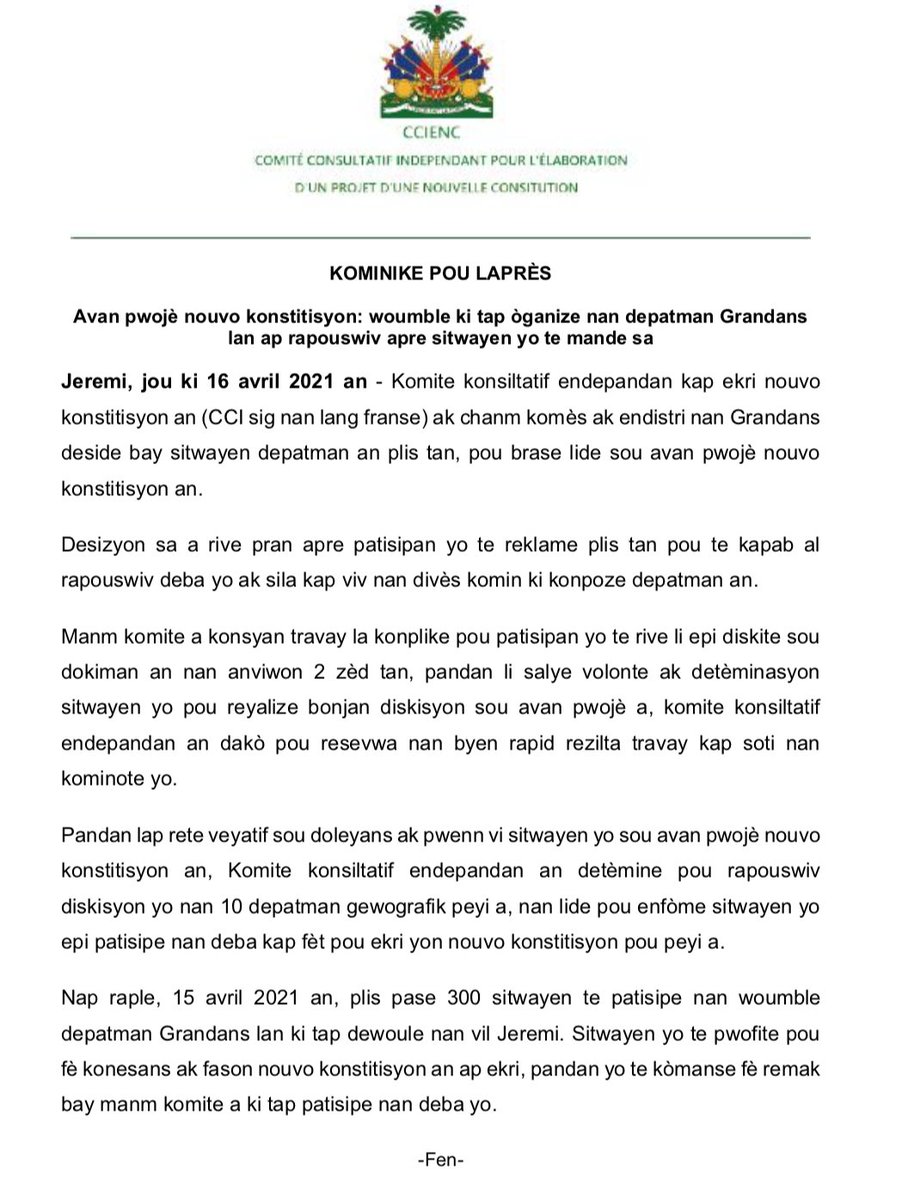 #Grandans #Haïti Communique du Comite Consultatif Indépendant pour l’élaboration d’un projet de nouvelle #constitution