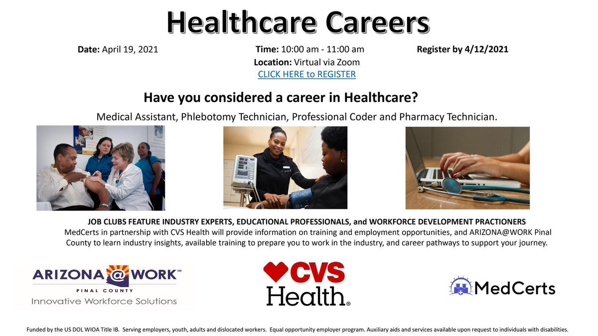 CoolidgeLibrary's tweet photo. Have you ever considered a career in healthcare? @AZatWORK_Pinal is hosting a Virtual Job Club on April 19 from 10:00 a.m. - 11:00 a.m. If you registered, you should have received a Zoom Invite. Don’t forget to attend this Monday to hear from industry experts. #Jobs 🏥👨‍⚕️ https://t.co/3InzQg12kJ