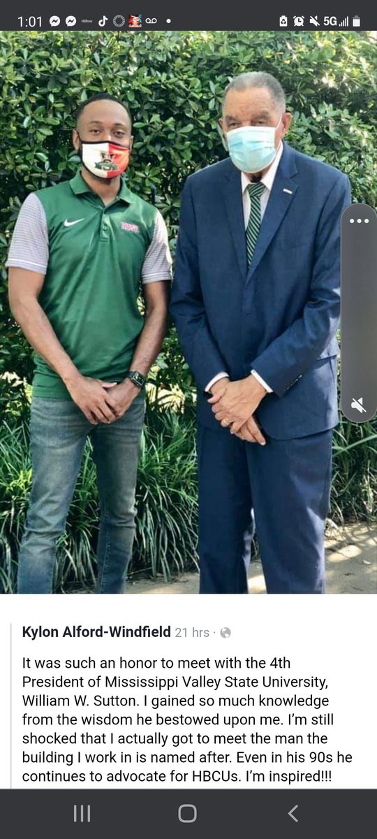 BenaCivil's tweet photo. Despite this photo being a screenshot. What an honor for MVSU's director of Alumni Relations to meet with MVSU's 4th President, William W. Sutton. https://t.co/EXoAwkny9S