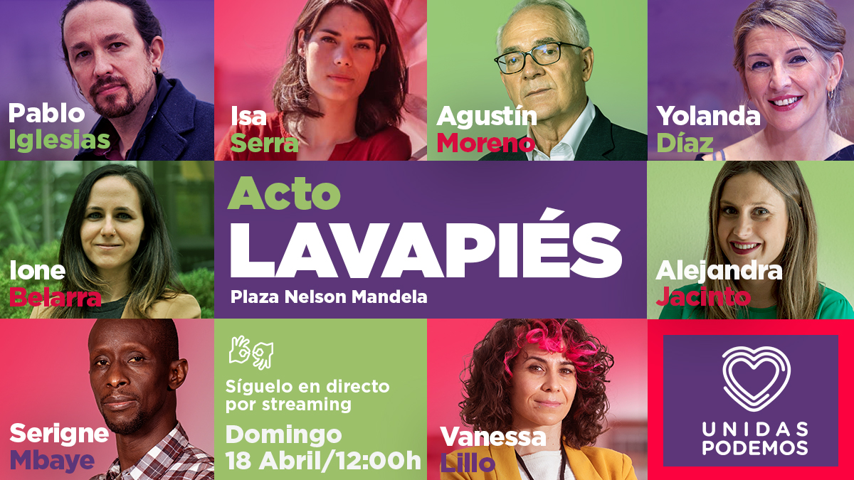 IzquierdaUnida's tweet photo. 📢 Domingo 18 de abril a las 12h, en la plaza Nelson Mandela de Lavapiés, acto de #UnidasPodemos con @PabloIglesias, @Yolanda_Diaz_, @VaneLillo, @isaserras, @MorenoG_Agustin, @Serigne_Mbaye_, @ionebelarra y @AleJacintoUrang.

🎥 En directo en las redes sociales!! https://t.co/s5CbTnhELU