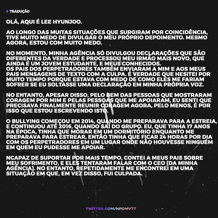 npomvtt's tweet photo. A ex integrante do APRIL, Hyunjoo, deu uma declaração oficial sobre o caso de bullying que ela viveu e foi relatado por seu irmão mais novo.

Ela conta que o bullying começou em 2014, quando ainda se preparava para seu debut, que aconteceu em 2015. https://t.co/fLfmLlAiaG