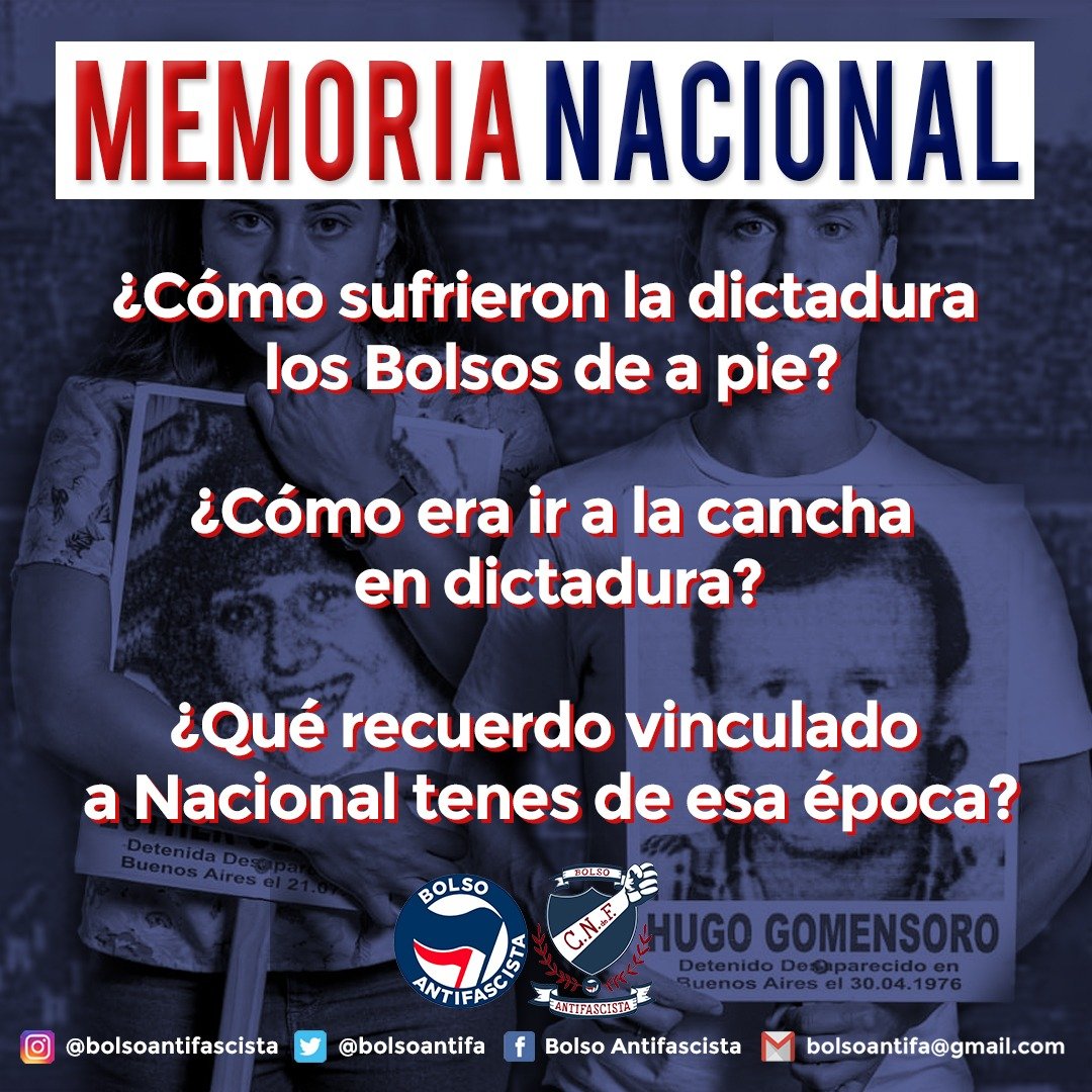 bolsoantifa's tweet photo. MEMORIA NACIONAL

La dictadura golpeó duro a toda la sociedad. El fútbol no fue ajeno, y mucho menos lxs hinchas. Por esa razón, de cara a un nuevo 20 de mayo, desde Bolso Antifascista hacemos un llamado a la memoria de toda la hinchada de Nacional. https://t.co/4ryAtpdqEf