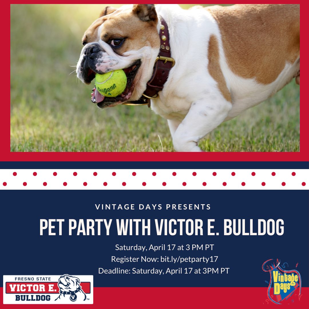There is still time to register your kids (10 and below), and your pets for your chance to meet Victor E. Bulldog🤩 at the coolest party around Victor E. Pet Party!🐾 
Register NOW by 12 pm PT by goint to bit.ly/petparty17