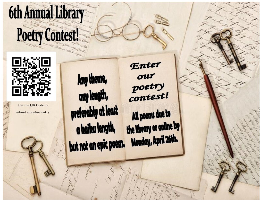 afhsmedia's tweet image. Enter the 6th Annual Library Poetry Contest! All poems are due in the library or online by April 26th. Enter online here: 
forms.gle/8ULunkmRTEPu4Q…