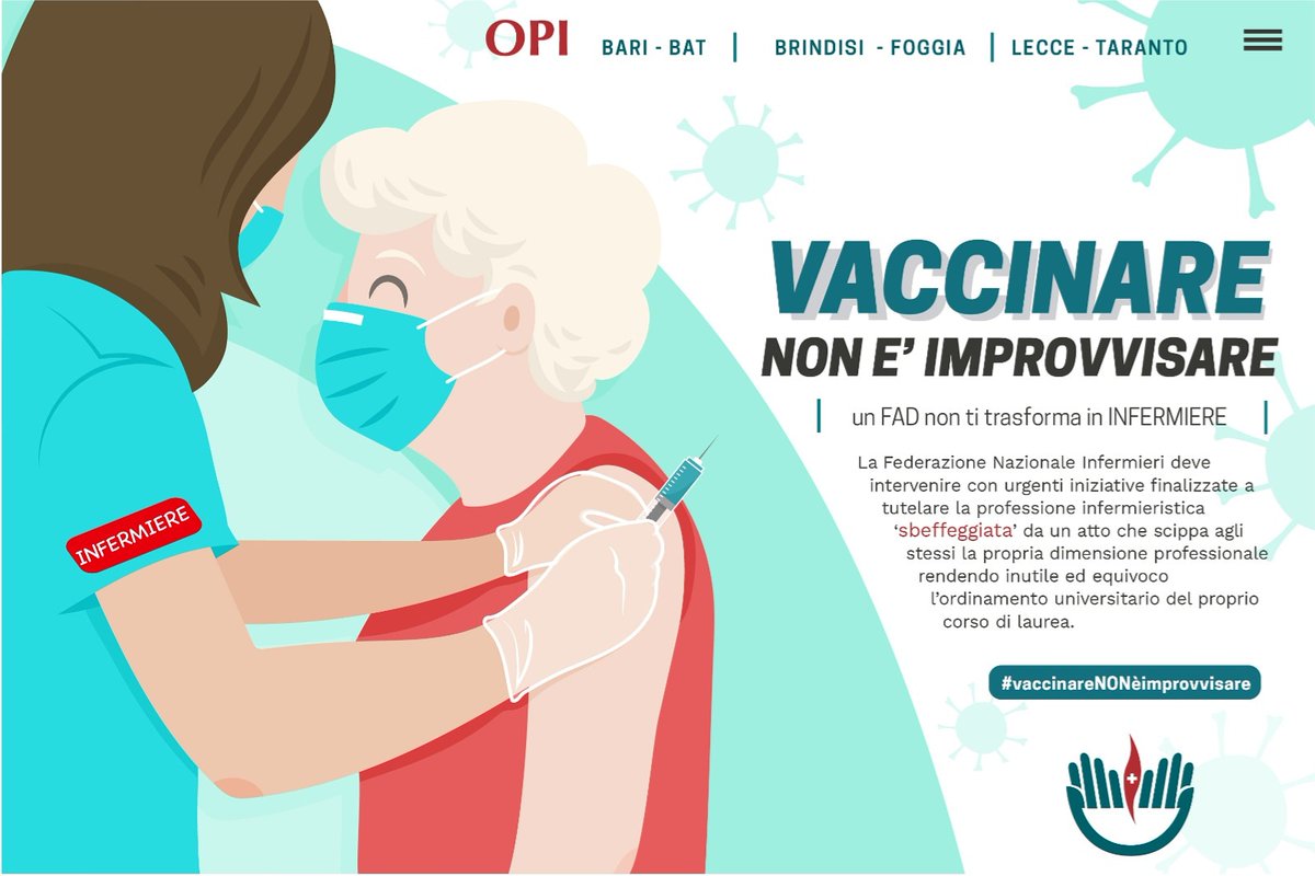 OPI_BAT's tweet photo. Vaccinare...non è improvvisare.
#Vaccinazioni: un FAD non sostituisce un #infermiere

Invitiamo la #fnopi a urgenti iniziative finalizzate a tutelare la professione infermieristica ‘sbeffeggiata’ #vaccinareNONèimprovvisare
#OrdineInfermieri #opipuglia #opibat #opibari #infermieri https://t.co/YR2CInXNKI