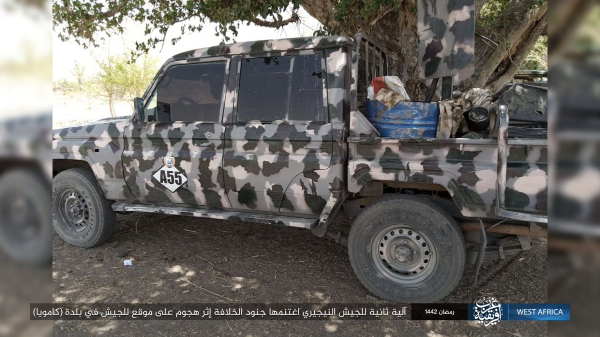 ISWA also captured 3x Toyota Technicals from the NA, likely with their associated HMGs. ISIS piled various goods that'd been stripped from the post (Such as the generator) into them.4/