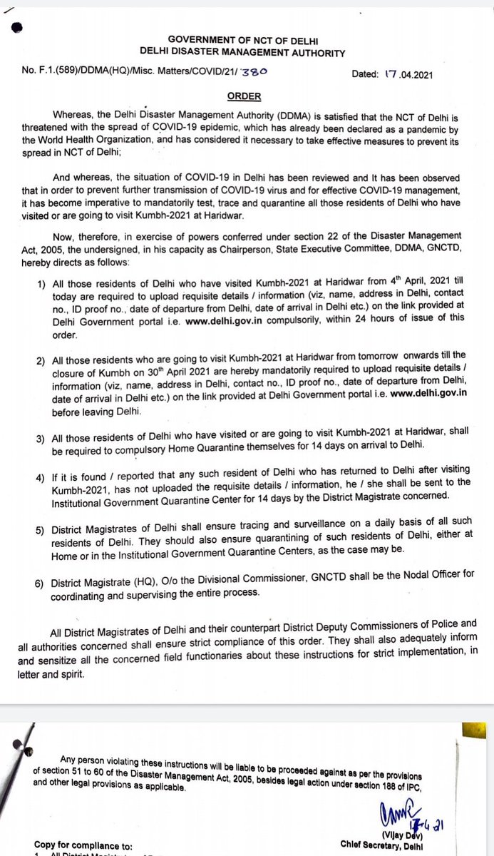 Delhi government orders home quarantine of 14 days for all the Delhi residents who visited the #Kumbh2021 in Haridwar. IT IS MANDATORY. Violators will face legal action.