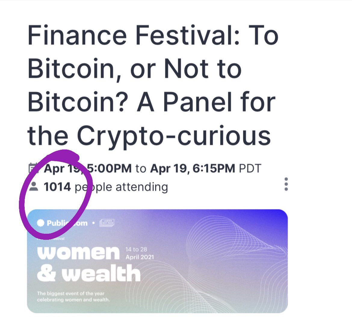 🚀 Are you #crypto-curious? Join over 1k women this Monday along with <a href="/aubreystrobel/">Aubrey Strobel</a> and our partners at <a href="/trylolli/">Lolli</a>, <a href="/cryptocoley/">Catherine Coley 💃🏻🤳📈</a> from <a href="/BinanceUS/">Binance.US 🇺🇸</a>, <a href="/cmesi/">Cleve Mesidor</a> and @bitcoinfrankiee #Bitcoin <a href="/public/">Public</a> <a href="/thebalance/">The Balance</a> <a href="/ladiesgetpaid/">Ladies Get Paid 💃🏻💸</a> 

🎟: hopin.com/events/finance…