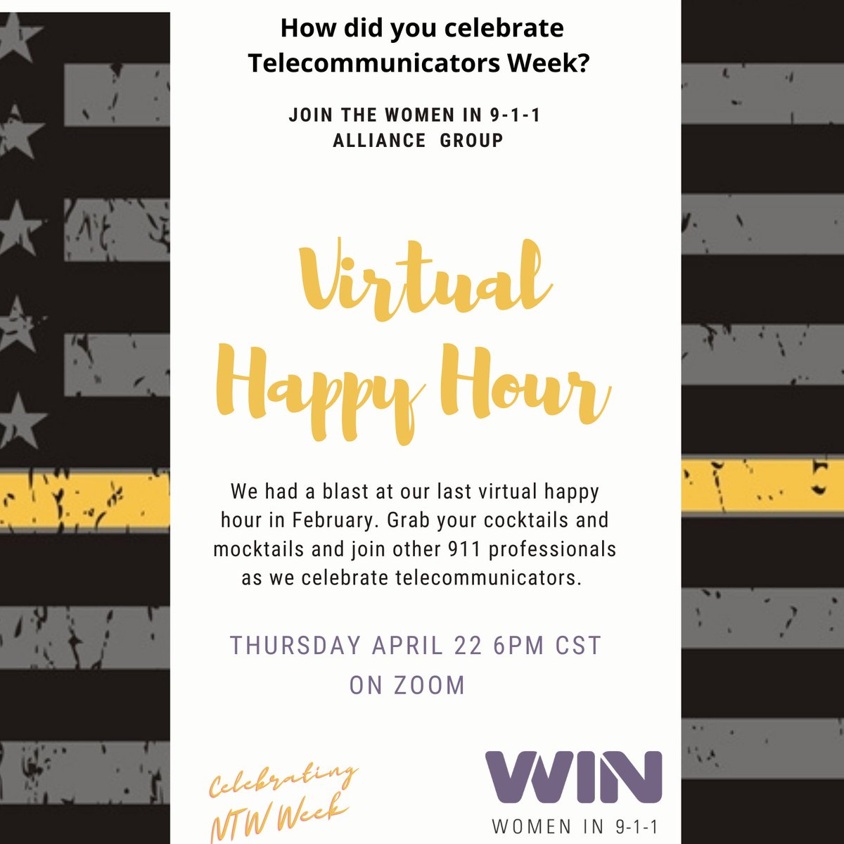 Tune in for a virtual happy hour with the Women in 9-1-1 on April 22! They're celebrating TC week and we can't think of a better way! #womenin911