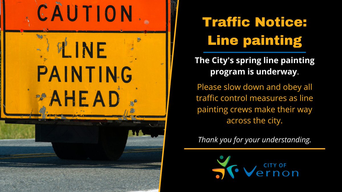 CityofVernon's tweet photo. Line painting is underway in Vernon. The program takes approximately 6 weeks to complete, depending on weather. 

To help avoid traffic disruptions, contractors work through the evening and early morning hours. Thank you for your patience as crews complete this work. https://t.co/Lk6kf9x5Db