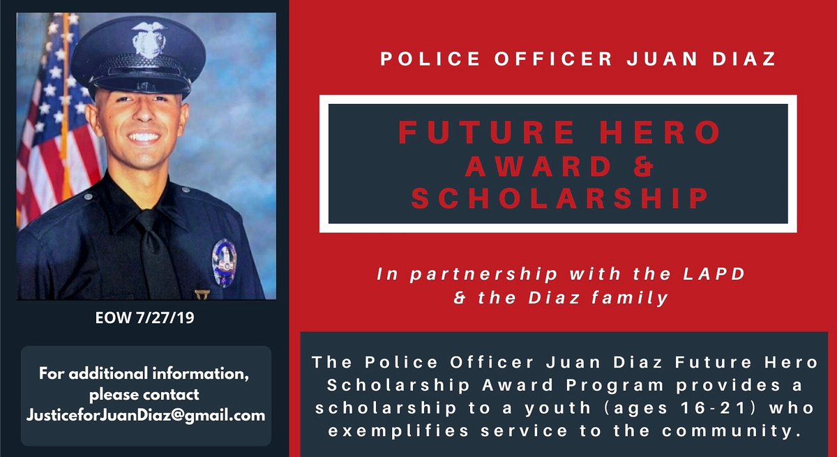 Announcing the 'Juan Diaz Future Hero Award & Scholarship' Presented annually on behalf of the Diaz family & @LAPDHQ to a local youth who exemplifies outstanding service to community. We support higher education. #Hope #Dreams #Courage #justiceforjuandiaz #VictimsMatter