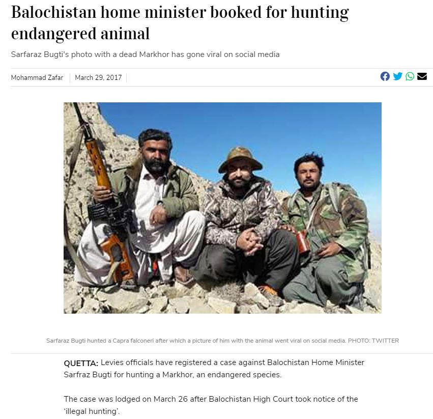 BalochEye's tweet photo. As Home Minister Sarfraz Bugti was also booked for illegally hunting an endangered animal. 

Does Sarfraz Bugti have direct links with militants and ISIS? Lets say that is a question best answered by the evidence presented. P13 https://t.co/iogwfZ5m1E