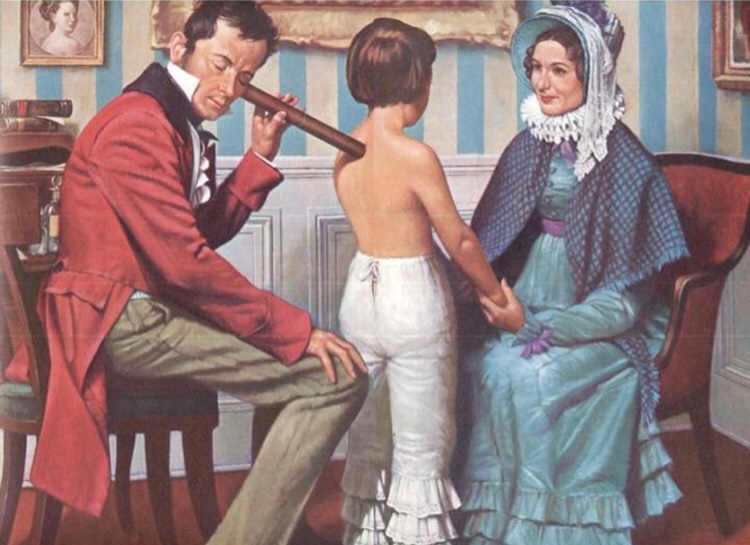 Rene Theophile Hyacinthe Laennec using an early version of his invention-the stethoscope 
observations: he has his eyes closed to focus intently to listen and the mother has an  encouraging smile for her child!
Do you know what necessitated this invention?
mentalfloss.com