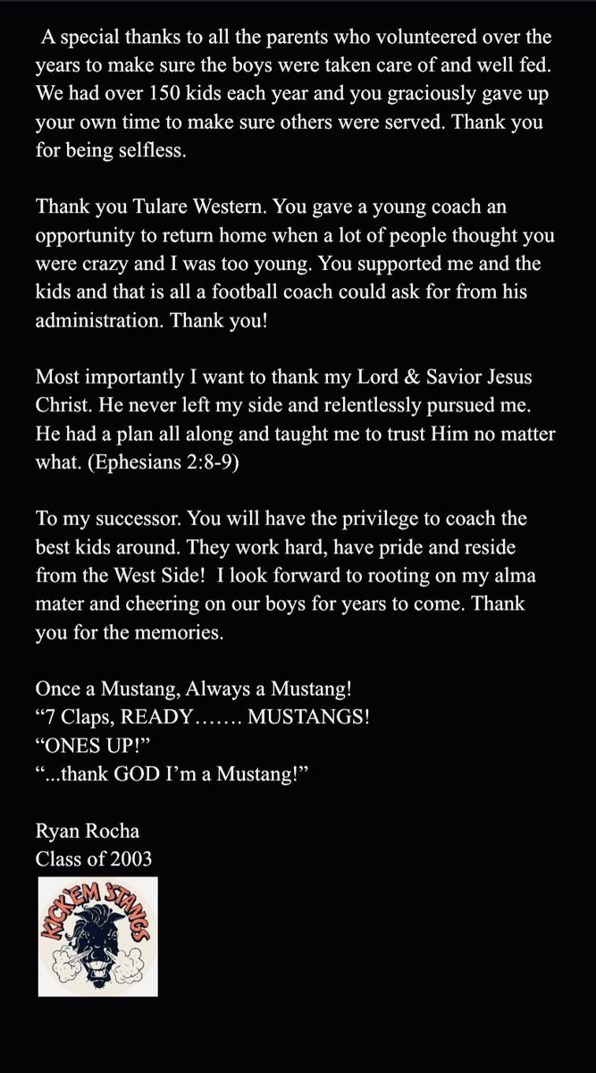 A message from head coach Ryan Rocha to the Mustang faithful &amp; Tulare community: