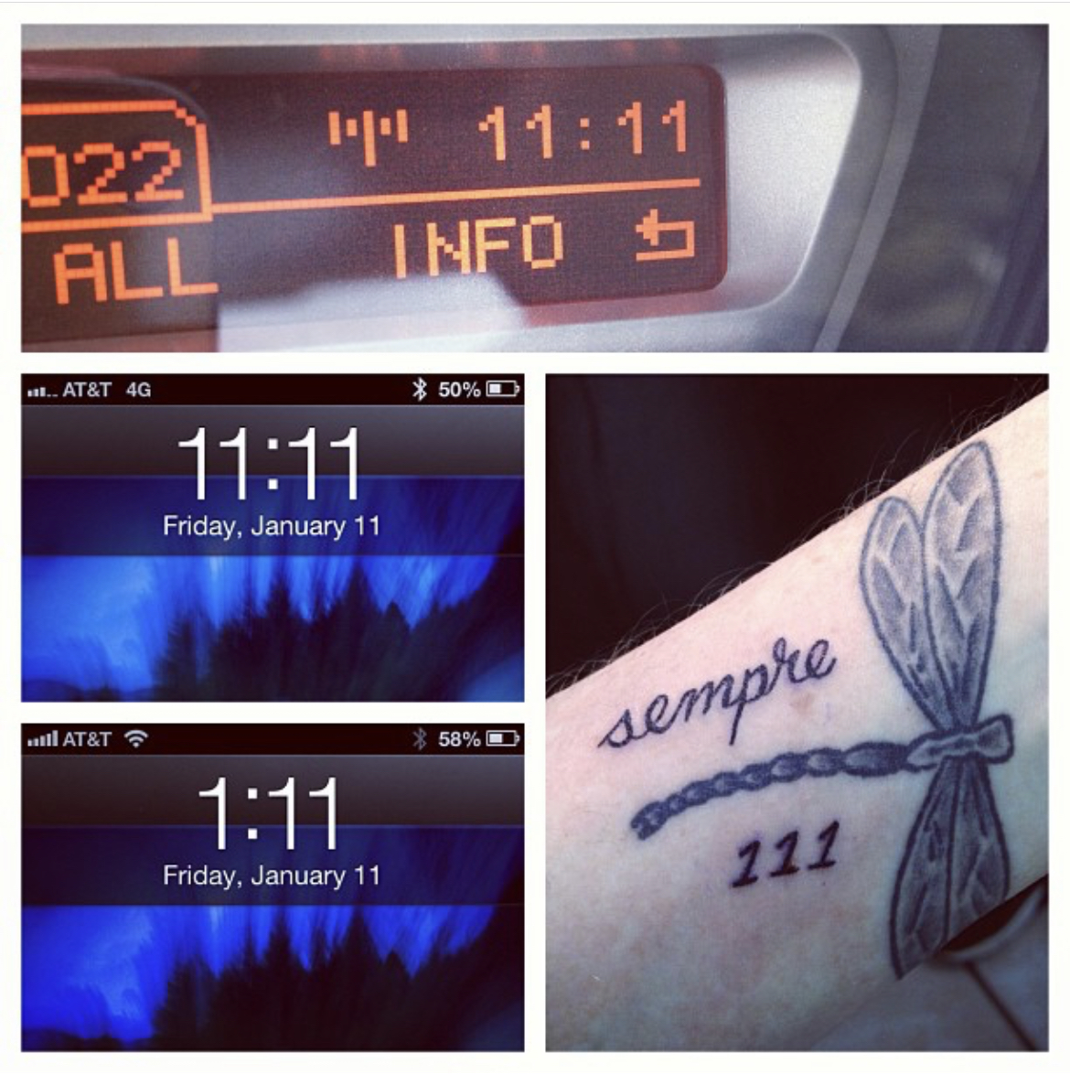 My birthday is on 1/11. I see 1:11 and 11:11 all the time (as in always, get it?). These screenshots were taken on 1/11. It's no joke! I don't go looking for it.Moving forward the tat stories start getting way more interesting. You'll see.