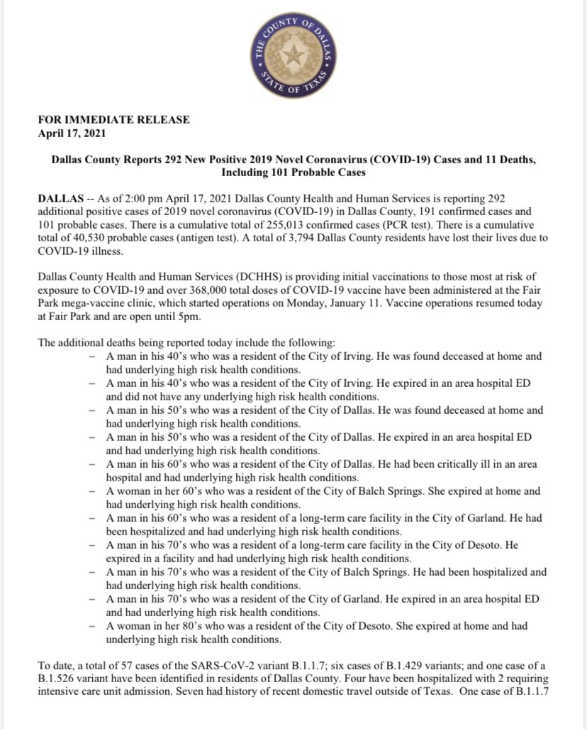 Clay Jenkins on Twitter "NEW Dallas County Reports 292 New Positive