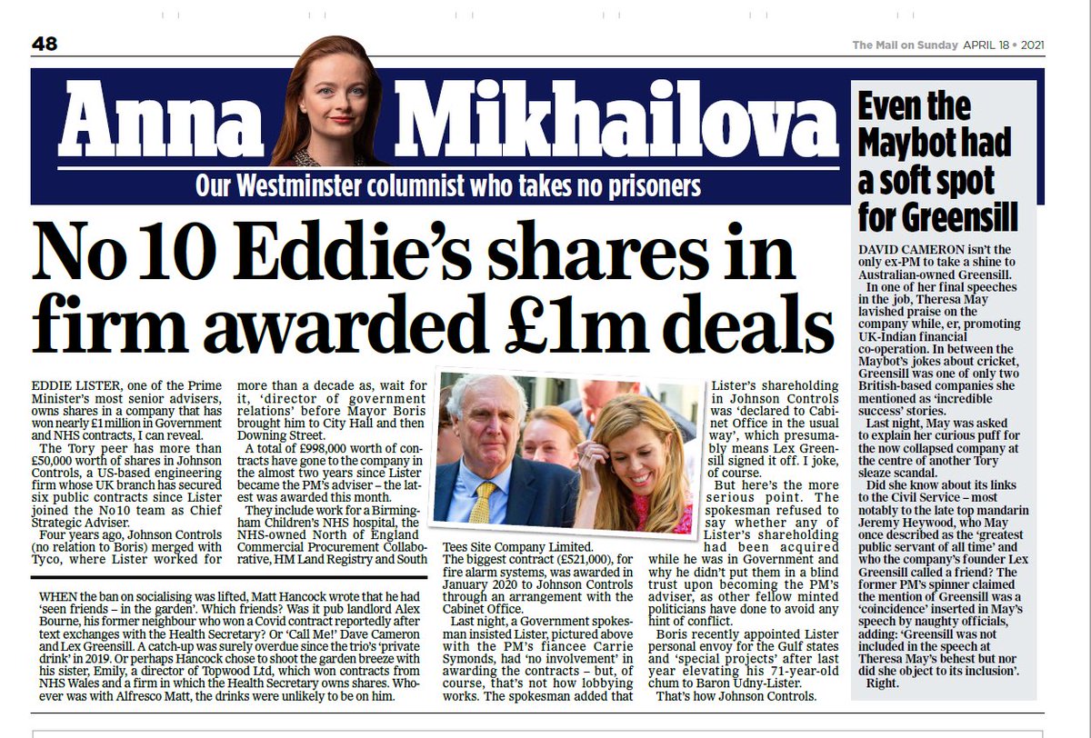 AVMikhailova's tweet image. EXCL: Boris Johnson’s senior advisor Eddie Lister owns shares in a company that has won £1m in government and NHS contracts since he joined No 10