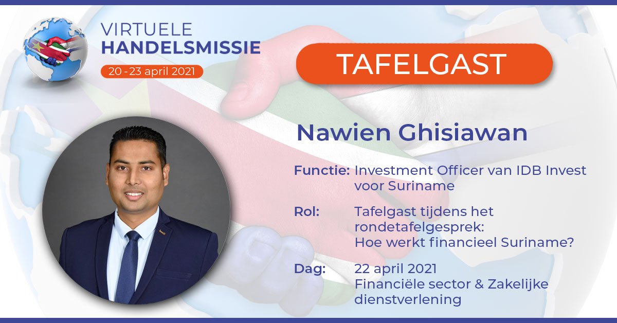 Een van de gasten op de 3e dag van de Virtuele Handelsmissie, Nawien Ghisiawan. 

Lees meer over ons programma op onze website handelsmissie.sr

#virtuelehandelsmissie #virtualevent #Nederland #Suriname