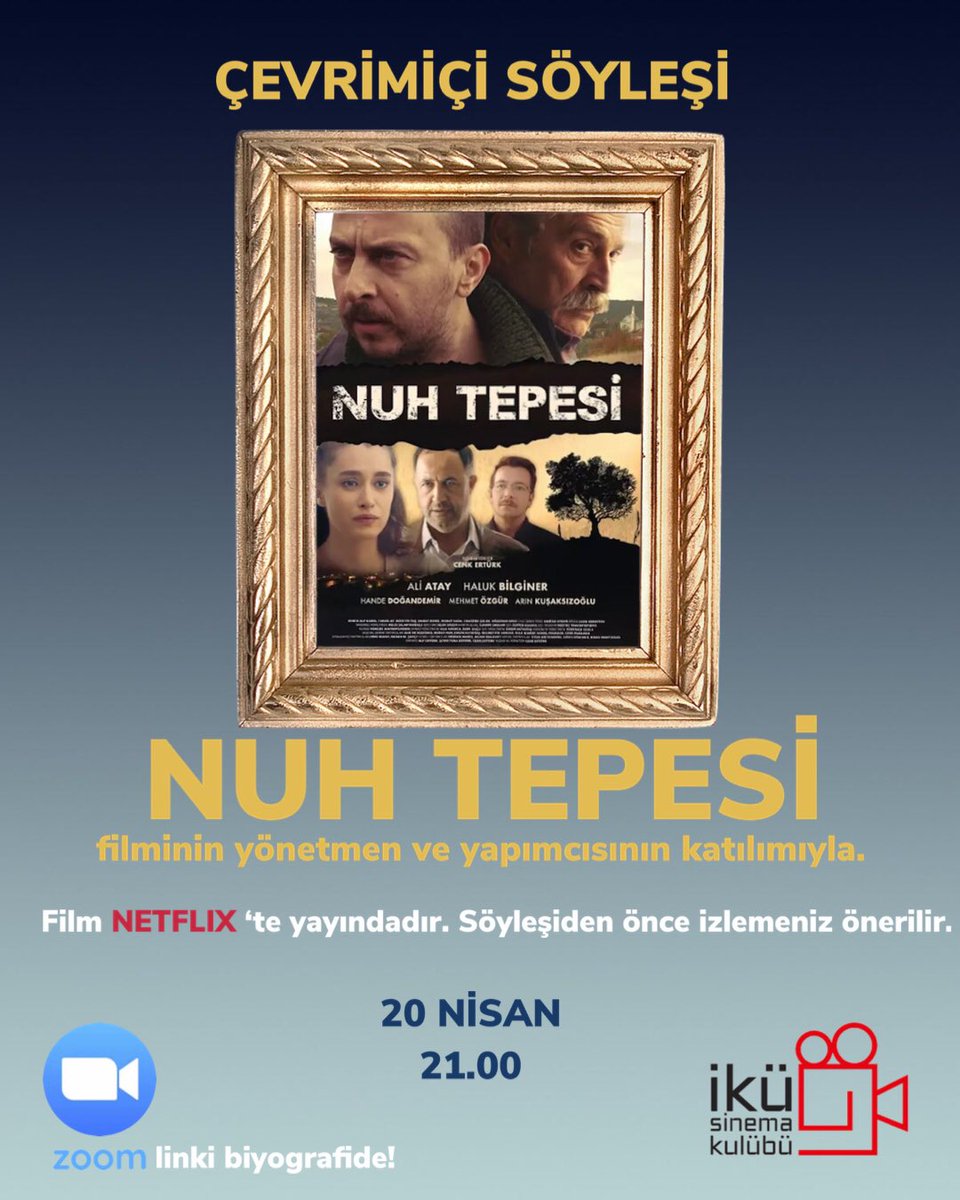 20 Nisan 21.00’da Nuh Tepesi Filmi ekibi ile buluşuyoruz! Başrollerinde Haluk Bilginer ve Ali Atay’ın bulunduğu geçtiğimiz günlerde Netflix’te yayınlanan filmin yönetmeni Cenk Ertürk ve yapımcısı Alp Ertürk konuğumuz olacak.