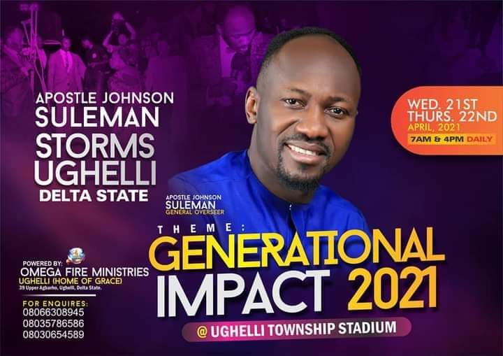 APOSTLESULEMAN's tweet image. Join me in ughelli-delta state Nigeria on the 21st(Wednesday)and 22nd(Thursday)April 2021.
At the township stadium..
Its will be great by the grace of God.