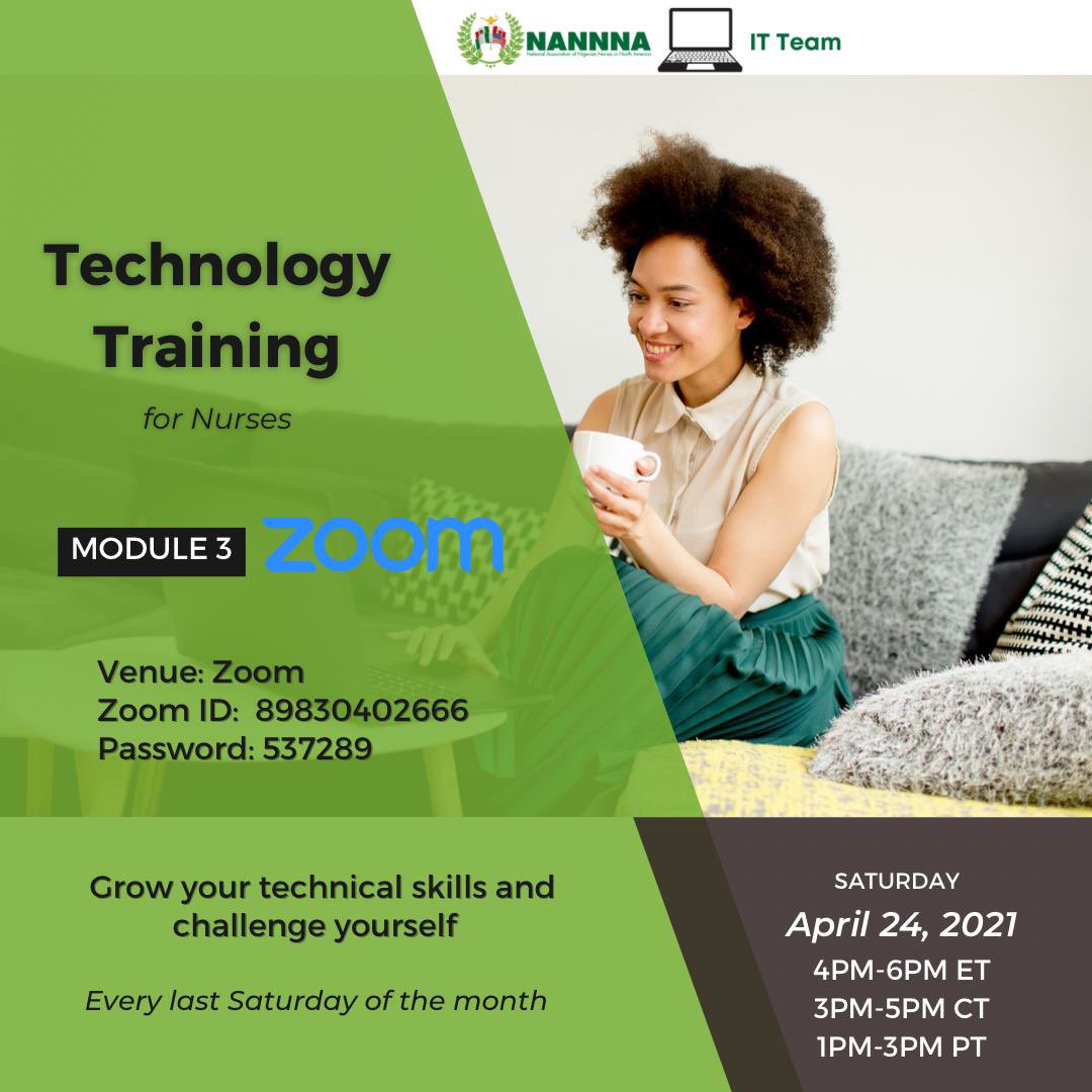 nannna_org's tweet photo. Join in to Technology Training Series Module 3 Topic: Zoom to learn about the basics of Zoom!

#nurse #nurses #nigerian #nigeriannurses #covid #covid19 #coronavirus #nursesweek https://t.co/GSLSEpOZLY