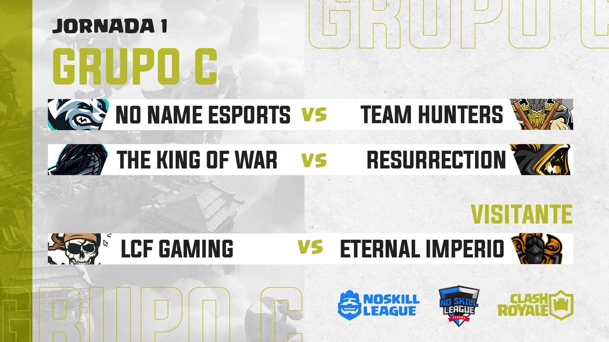 No Skill League (@noskillleaguegg) on Twitter photo 🟨 Jornada 1: Grupo C 🟨
<a href="/NoNameSportsGG/">No Name eSports</a> 🆚 <a href="/TeamhuntersPTY/">Team Hunters</a>
<a href="/Thekingofwar12/">The king of war</a> 🆚 <a href="/ResurectionTeam/">ResurrectionTeam</a>
@LcfGaming507 🆚 <a href="/ET_ImperioPA/">ETERNAL IMPERIO</a>
¿Que equipo ganará su debut? 🪄
#NoSkillLeague #ClashRoyale 🟨 Jornada 1: Grupo C 🟨
<a href="/NoNameSportsGG/">No Name eSports</a> 🆚 <a href="/TeamhuntersPTY/">Team Hunters</a>
<a href="/Thekingofwar12/">The king of war</a> 🆚 <a href="/ResurectionTeam/">ResurrectionTeam</a>
@LcfGaming507 🆚 <a href="/ET_ImperioPA/">ETERNAL IMPERIO</a>
¿Que equipo ganará su debut? 🪄
#NoSkillLeague #ClashRoyale
