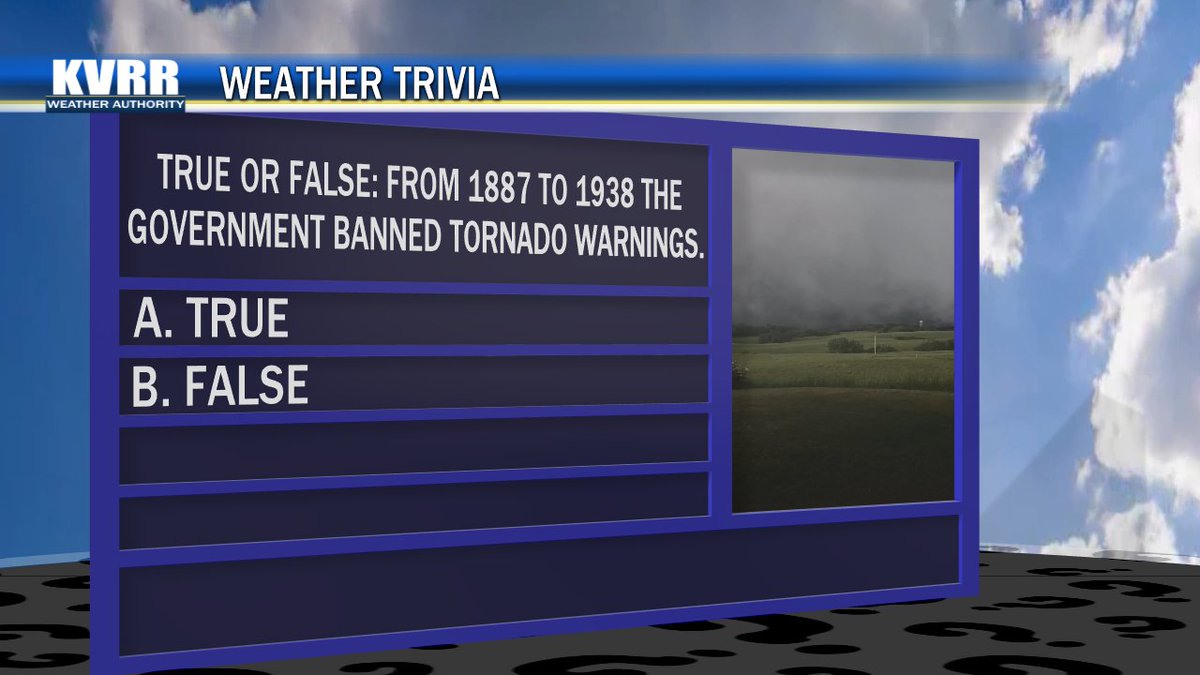 In light of severe weather awareness week this past week in Minnesota, here is a weather trivia question in the realm of severe weather:
Q: True or False: From 1887 to 1938 the government banned tornado warnings.
#ndwx #mnwx #WxTrivia https://t.co/Yj9i67UYMg