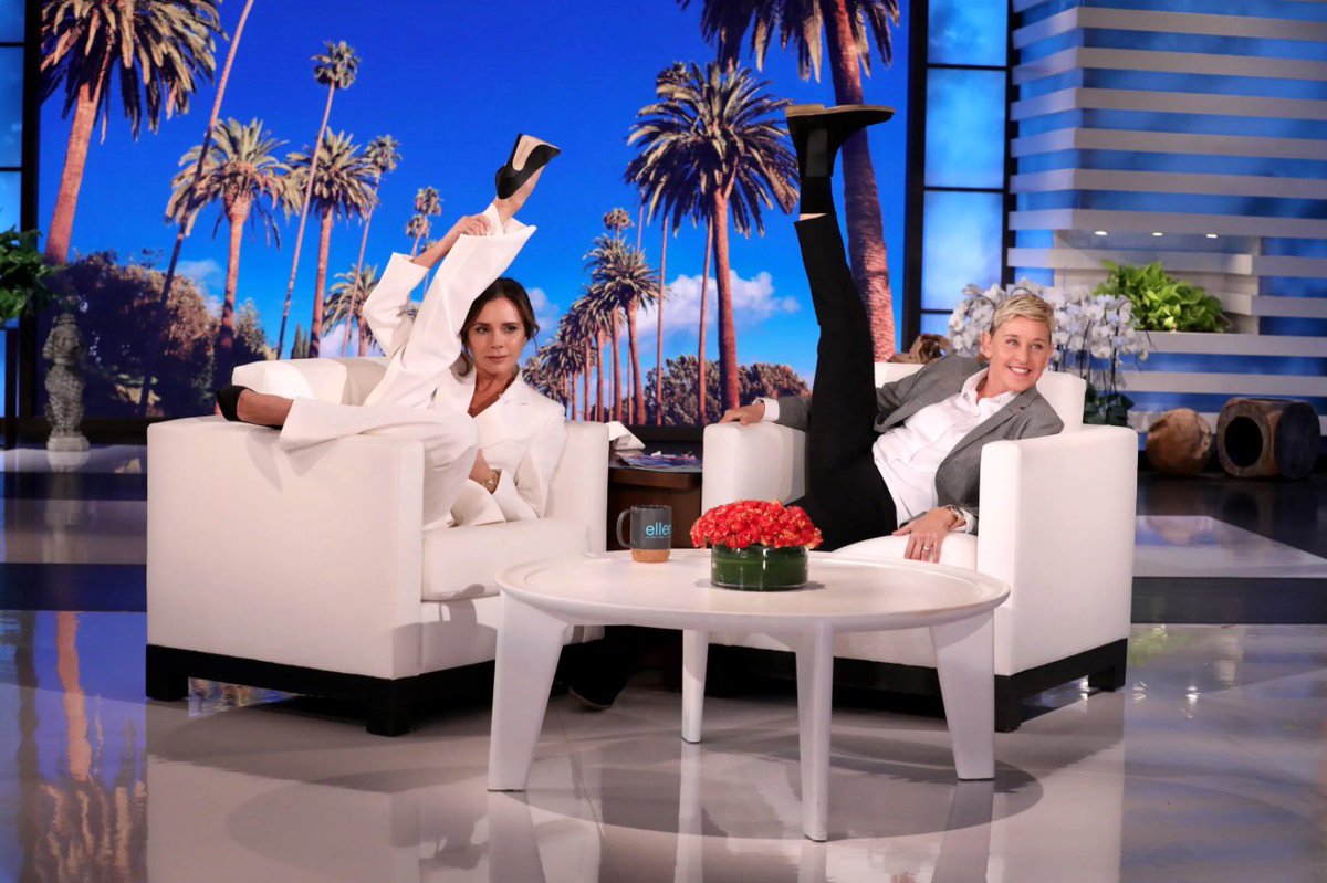 TheEllenShow's tweet photo. Had to bend it like Beckham today for @VictoriaBeckham’s birthday! https://t.co/McRLjvJ5xn