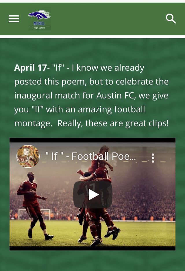McNeilHSLibrary's tweet photo. To celebrate the inaugural match for Austin FC, we’re reposting the poem “If” with an amazing soccer montage.  https://t.co/NlyKLonXAX https://t.co/ACccijA35u