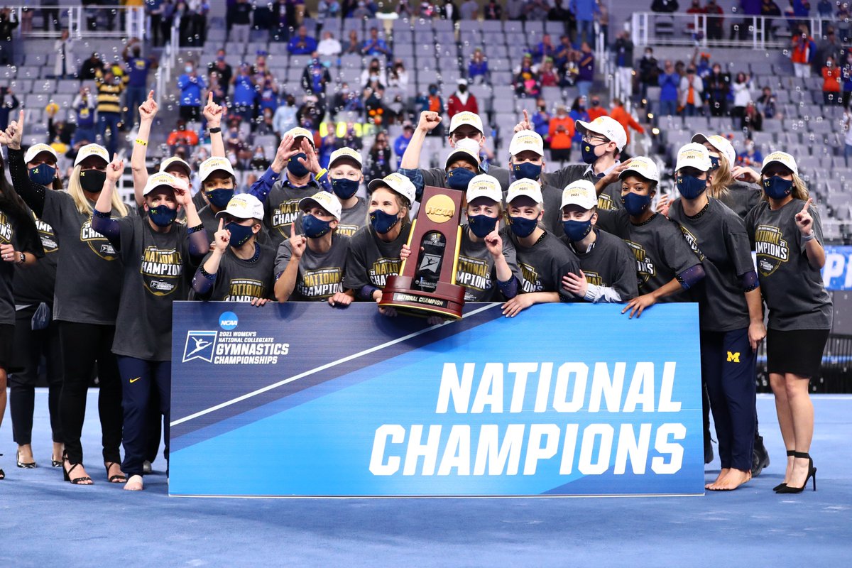 NCAA's tweet image. A historic performance for the Wolverines! 🏆

@UMichWGym clinches its first-ever National Collegiate Women's Gymnastics Championship title with a program-best score of 198.2500.

on.ncaa.com/21wgym | #ncaaGym