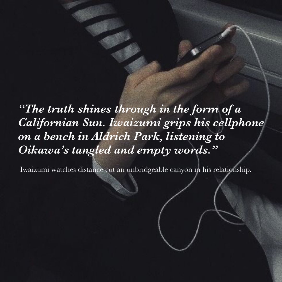 oolongeclipse's tweet image. osmosis 
#iwaoi / prose poem / rated t / 258

iwaizumi watches distance cut an unbridgeable canyon in his relationship.

[ archiveofourown.org/works/30743675 ]