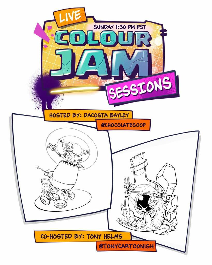 Colour Jam Session  18_2021

Colour Jam Sessions 18_2021 - Sunday 18th 1:30 PST Join us for another jam session. hosted by me DaCosta Bayley aka <a href="/chocolatesoop/">DaCosta Bayley</a> with co-host Tony Helms aka <a href="/tonycartoonish/">Tony Helms</a> Drop in, hang out, ask questions and colour along.… instagr.am/p/CNySB8gjHDz/