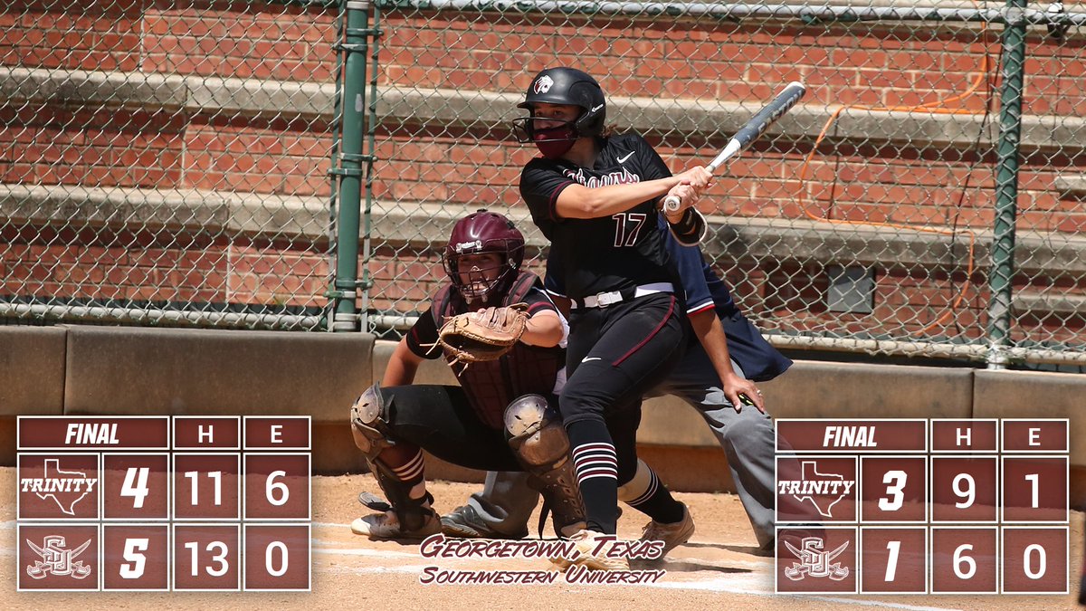 FINAL: <a href="/TUSBTigers/">Trinity Softball</a> earn a DH split at <a href="/SUPirates/">Southwestern Pirates</a> in Saturday's <a href="/SCAC_Sports/">SCAC</a> action in Georgetown. #TigerPride #SCACsb  

Marina Delaluna hit a 2-run HR in the 7th inn. of game two to put the Tigers on top for good!